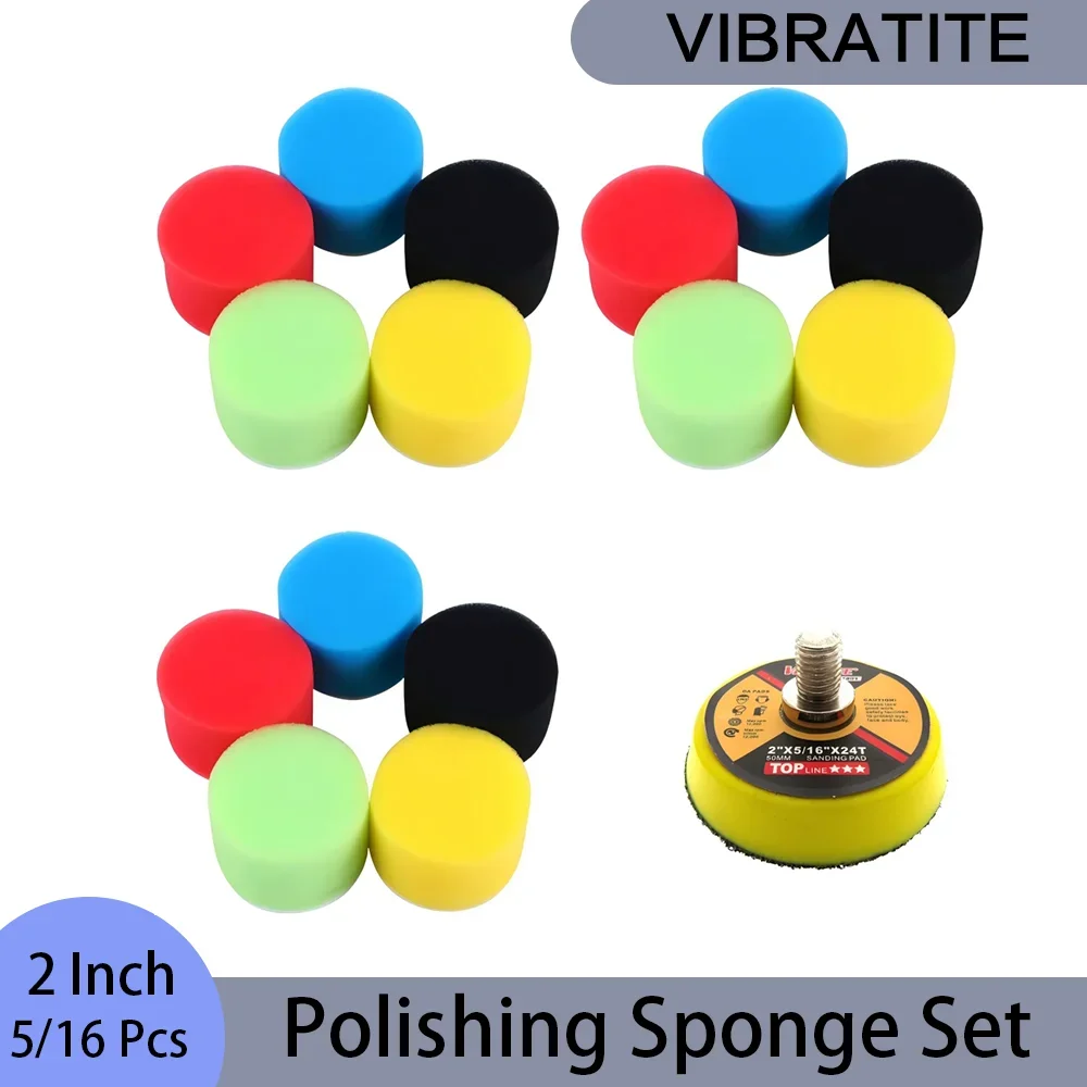 Polish Pad Set Buffer - 5/16個入り 2インチ研磨スポンジセット、5色混合、フックアンドループ式サンディングパッド付き、車の研磨・サンディング用フォームバッファー