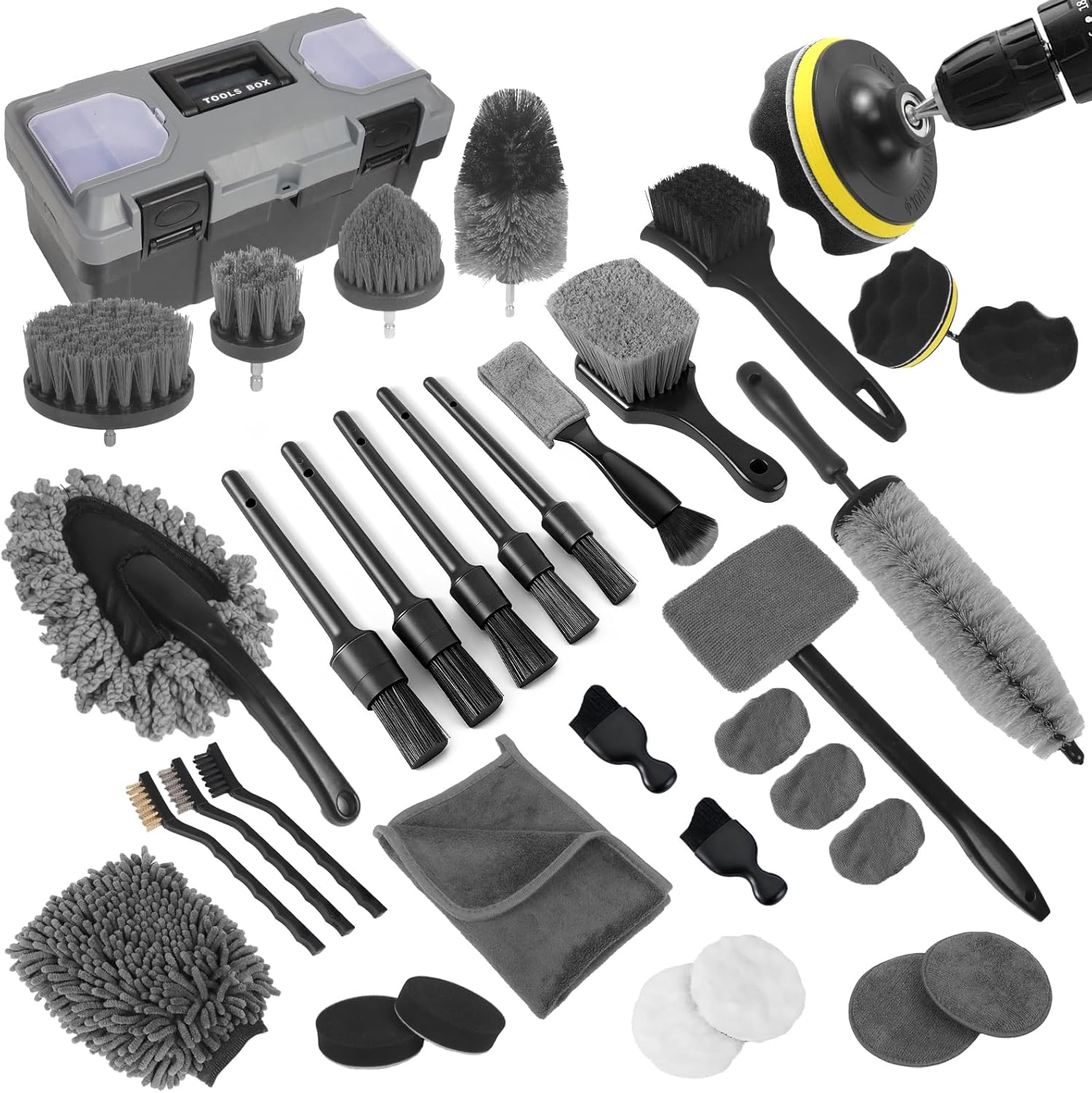 Interior Detailing Kit - カーディテーリングキット、36点入りプロ仕様車内・車外ホイール用清掃ツール、フロントガラスツールと収納ボックス付き