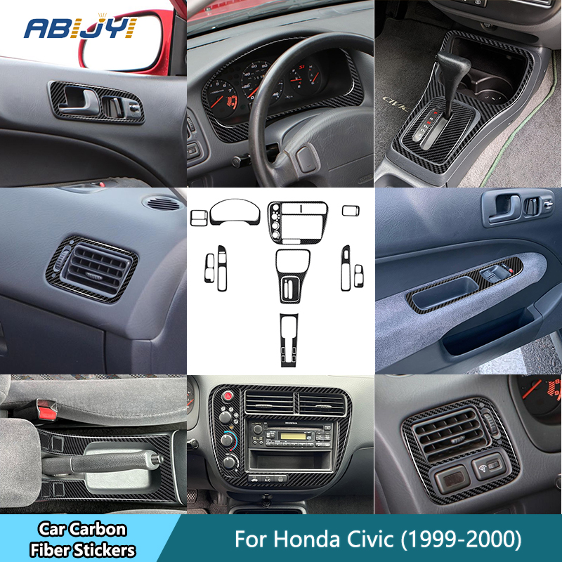 Interior Detailing Kit - カーボンファイバーインテリアドアスイッチ,ドアスイッチ,ギアセンターコンソール,装飾ステッカー,ホンダシビック1999, 2000用