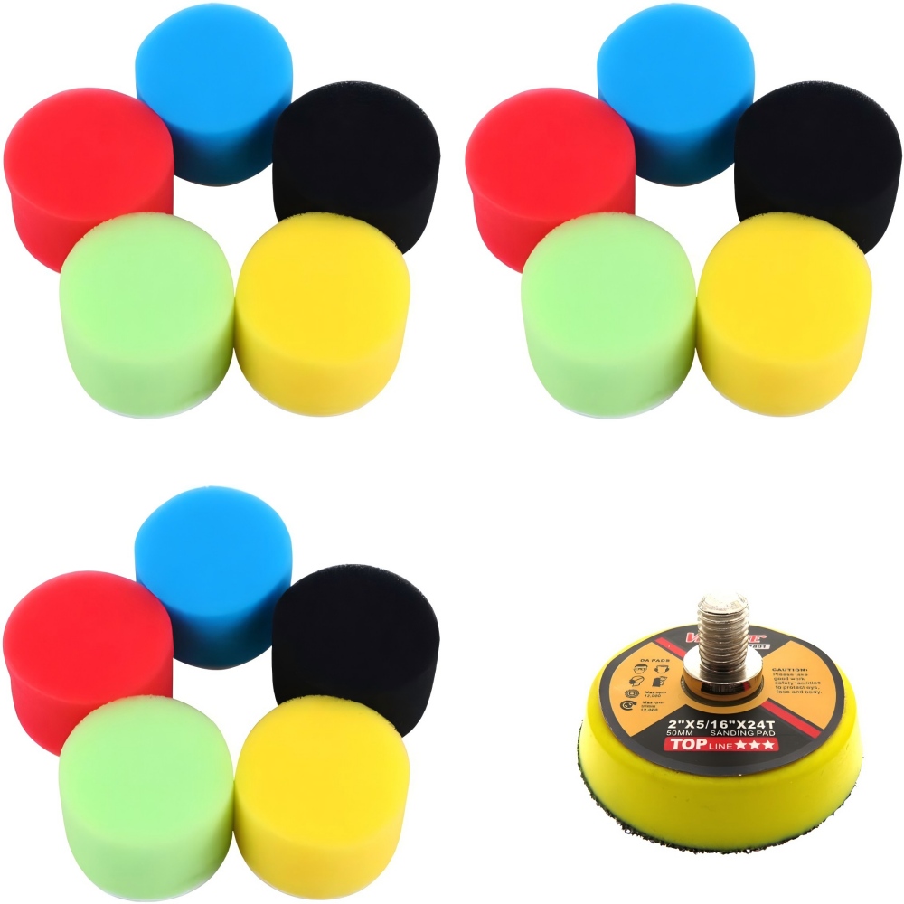 Polish Pad Set Buffer - 2インチ50mm車用研磨ディスクキット16個入り、アダプター付きワックスバッファー、車用研磨パッドセット、カーポリッシャー用手動工具キット