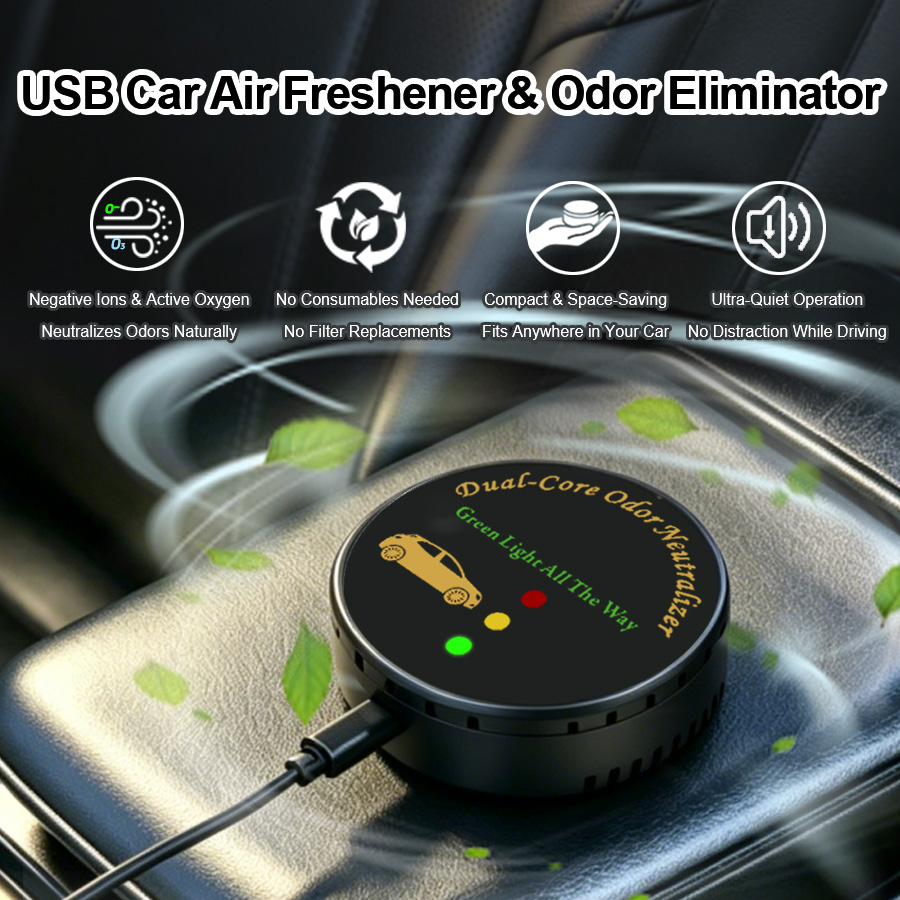 Odor Eliminator Car - 車用空気清浄機、フィルターレスUSBプラグアンドプレイ自動起動・停止消臭剤、コンパクトで省スペースな車用芳香剤。