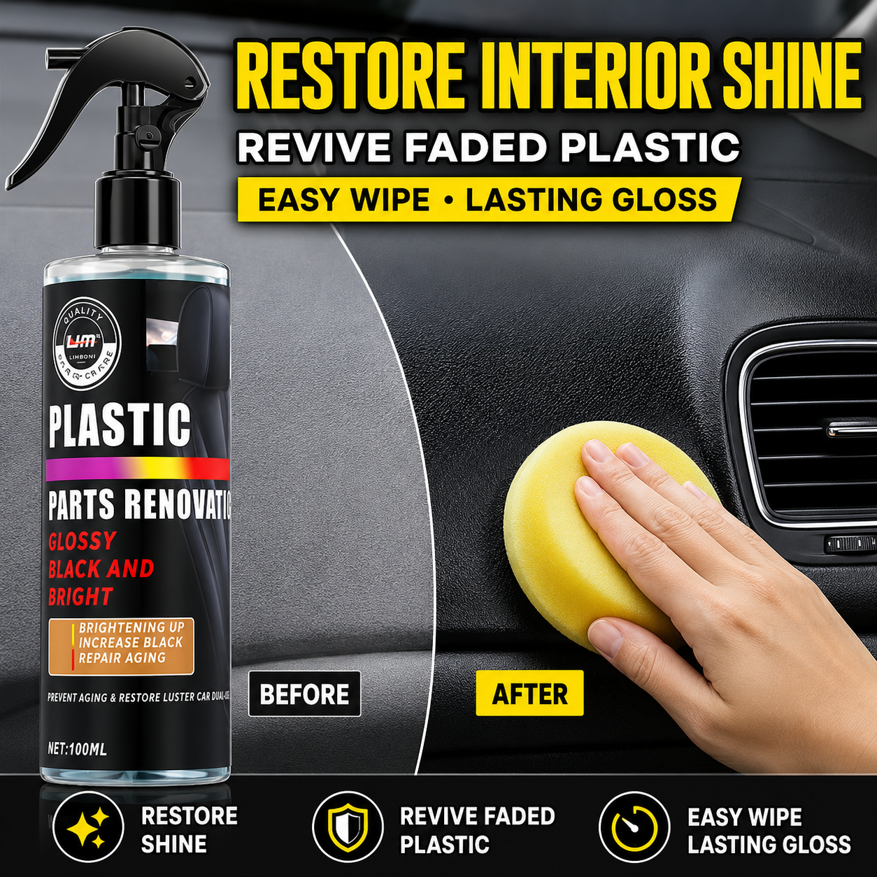 Trim Restorer Plastic - 車のプラスチック改修スプレー、老化防止光沢復元剤、ダッシュボード、ドアトリム、タイヤ、ゴム部品の改修用研磨剤