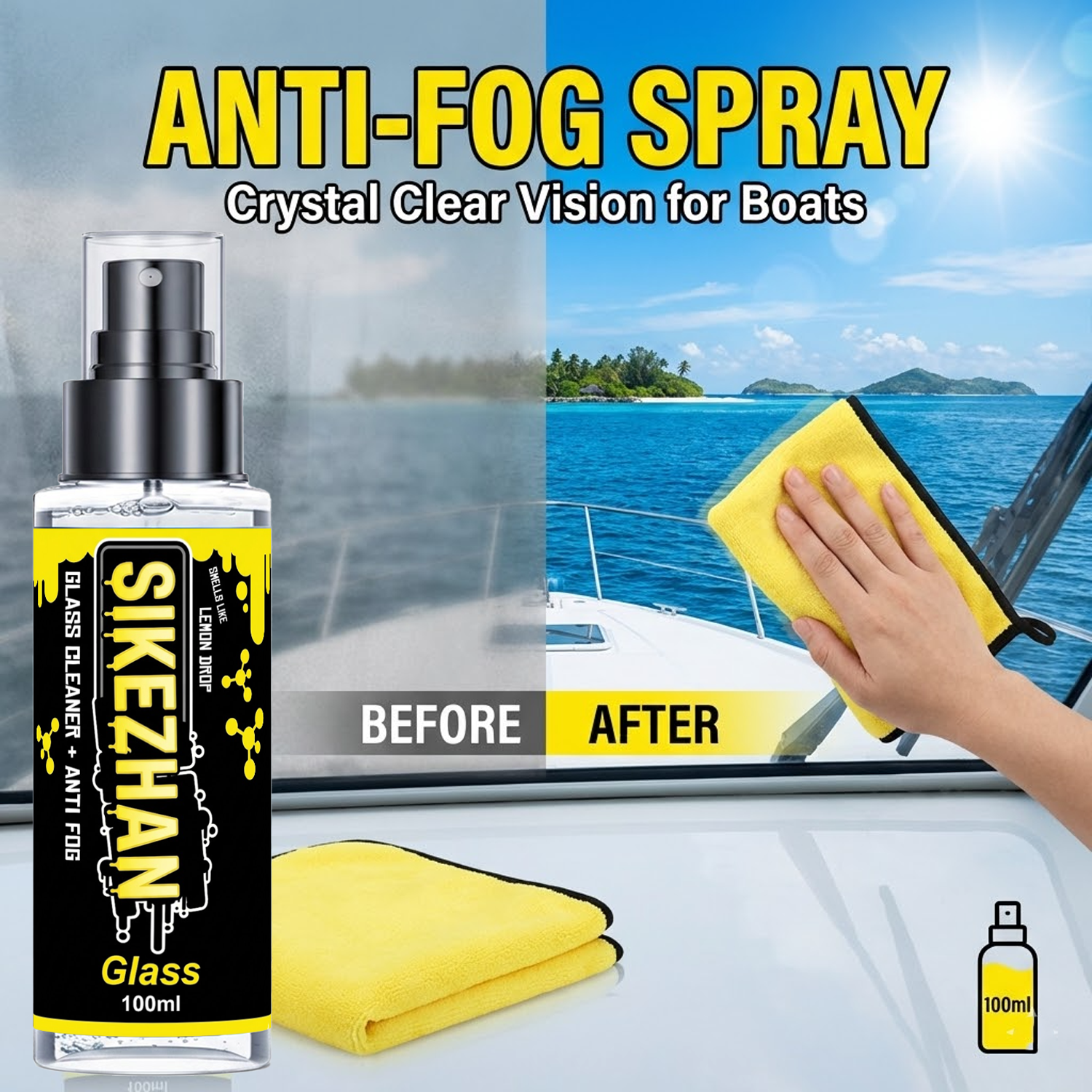 Glass Cleaner Streak - 2in1曇り止めスプレー 車用ガラスクリーナー（タオル付き） 水垢残りなし 自動車フロントガラス RV ボート窓