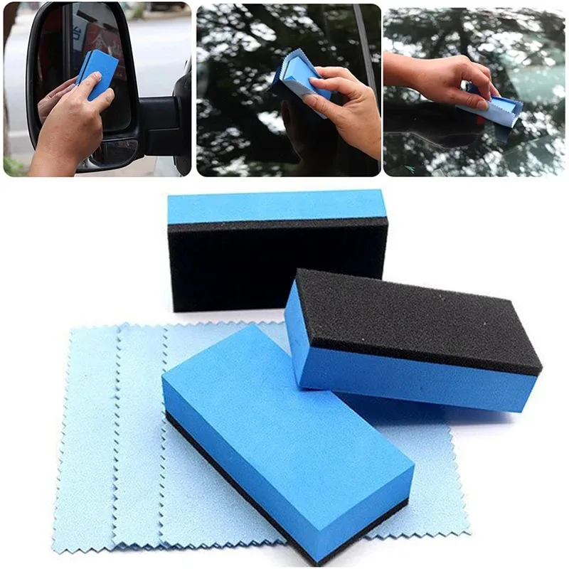 Car Wax Ceramic Coating - KKJOY 車用セラミックコーティングアプリケータースポンジ - ブルーの四角いワックススポンジとクロス、ナノガラスコーティングブラシ（車の清掃とワックス掛け用）